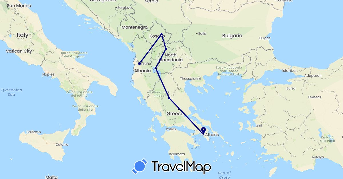 TravelMap itinerary: driving in Albania, Greece, Macedonia, Kosovo (Europe)